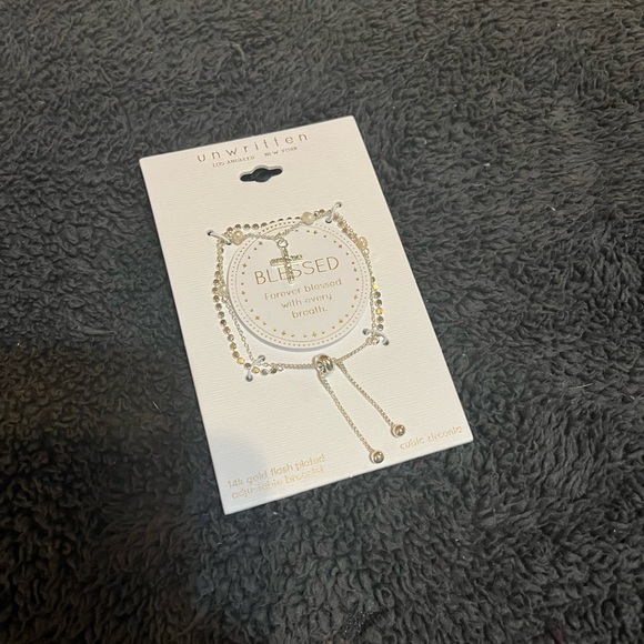 UNWRITTEN BLESSED CROSS BRACELET 14k WHITE GOLD FLASH PLATED. Adjustable - Picture 2 of 3